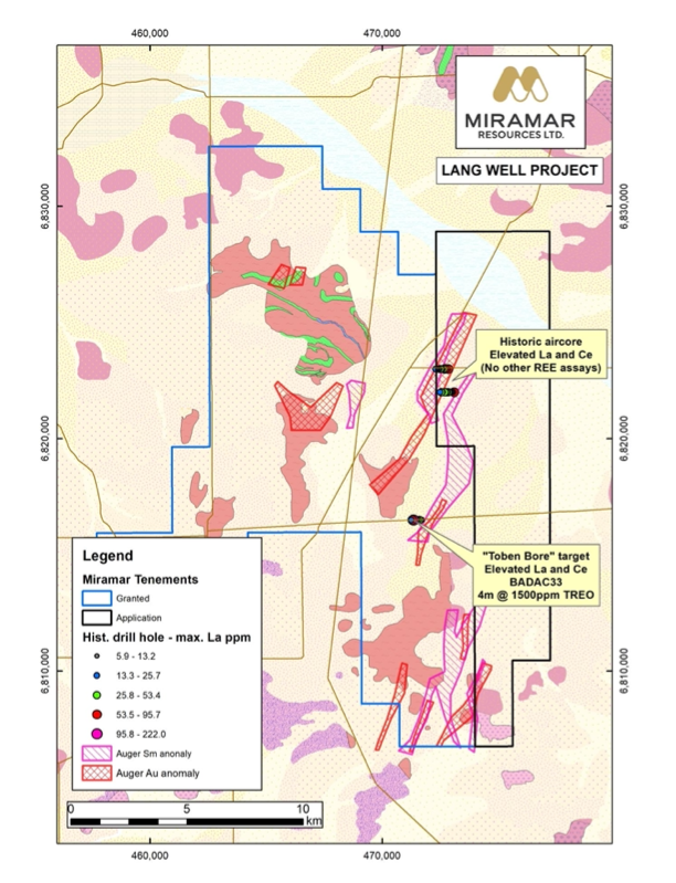 Geological Map of the Lang Well Project showing GSWA outcrop geology, auger anomalism and historic drilling.
