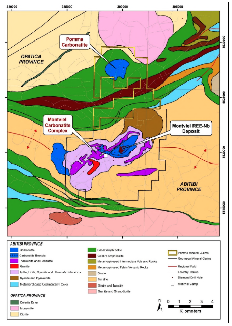 geology map of the Pomme Project and Montviel Deposit