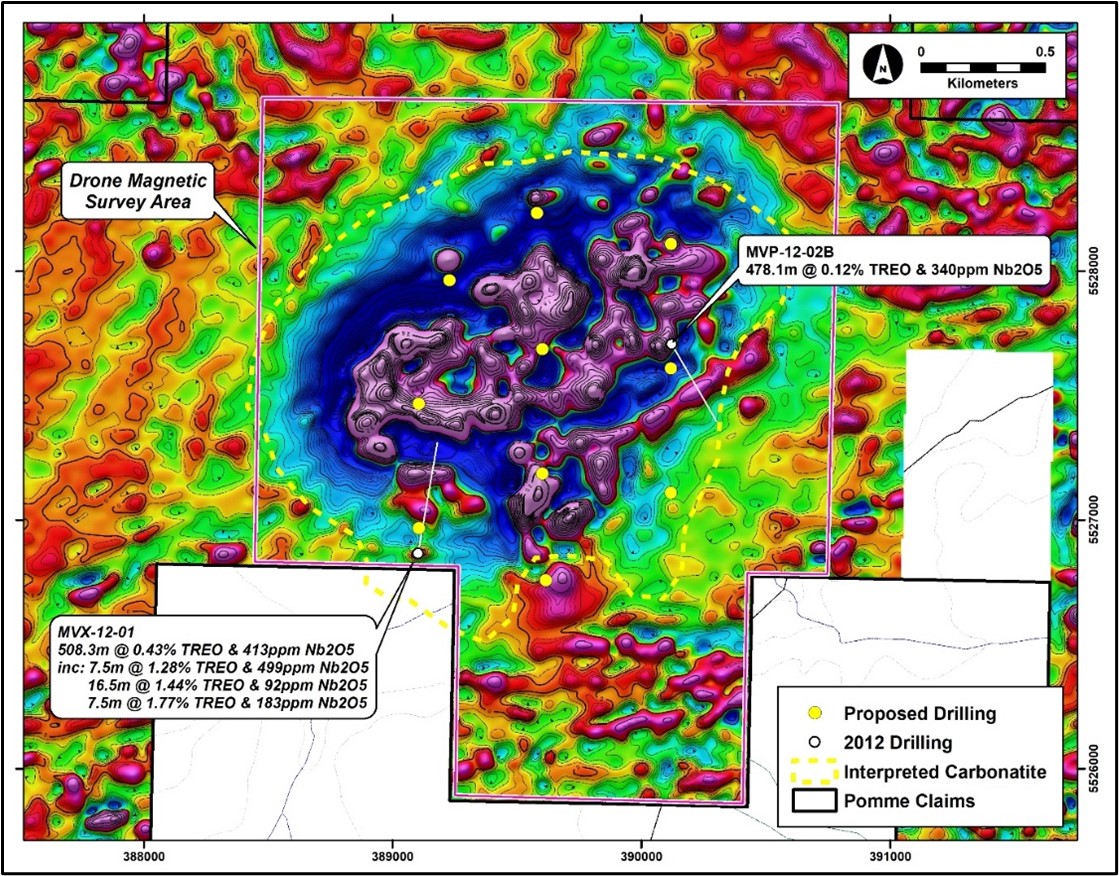 A map showing proposed drilling on an airborne magnetic image.