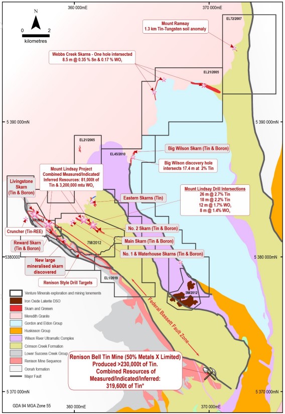 A Geology Map showing High Grade Tin-Tungsten Targets and Tin-Boron Skarns