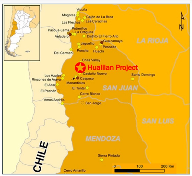 A map showing the location of the Huallian Project near other regional gold projects.
