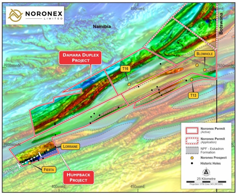 A Regional aeromagnetic image of the Kalahari Copper Belt in Namibia with the current Noronex projects and the new application areas
