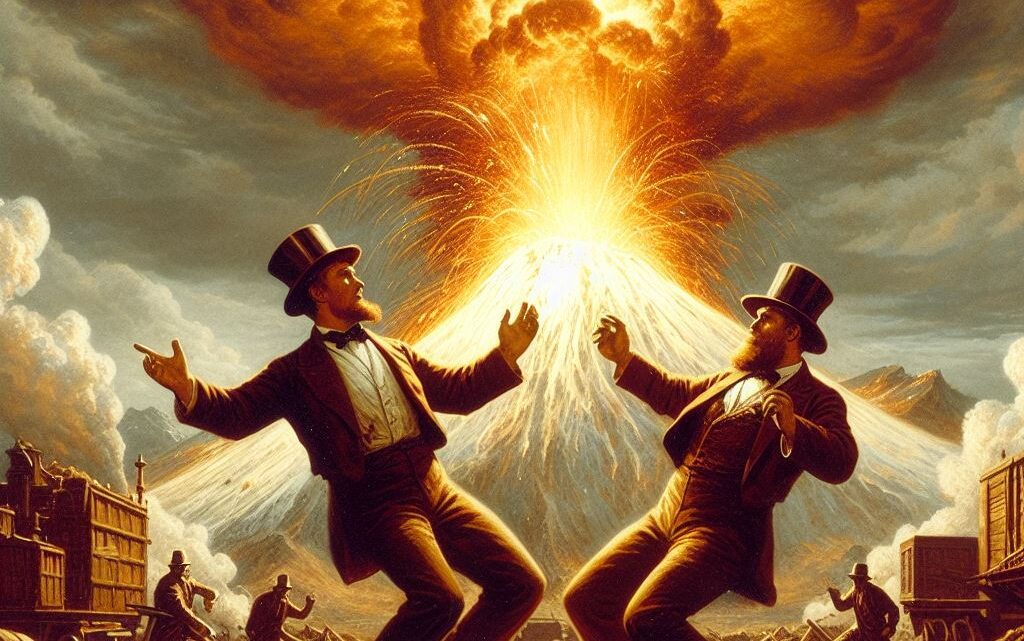 An AI image show two mining explorers dancing a doo-ron ron in front of an exploding Krakatoa